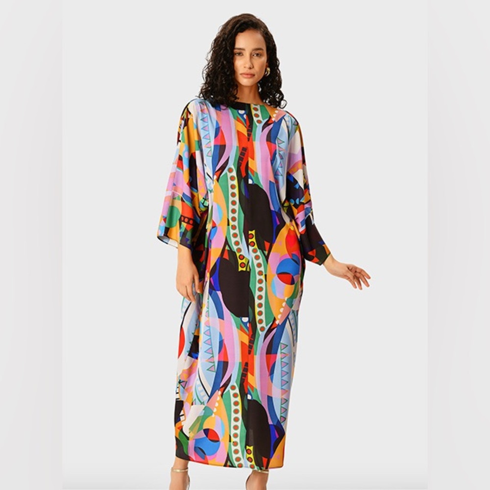 Draped Cowl Abstract Print Crepe Dress